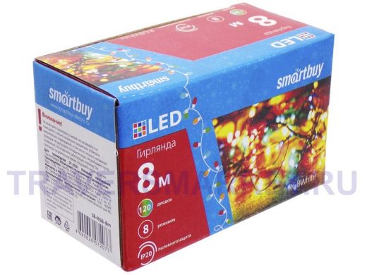 LED Гирлянда Smartbuy с контроллером, RGB, 8м, 120 диодов, IP20, прозрачный провод (SB-RGB-8m)
