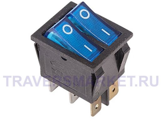 Выключатель клавишный 250V 15А (6с) ON-OFF синий  с подсветкой  ДВОЙНОЙ  REXANT