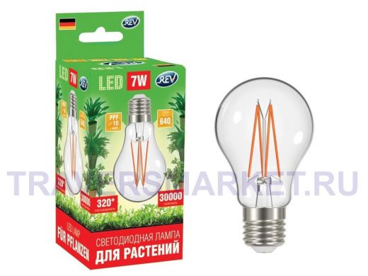 Лампа светодиодная REV GARDEN для ускорения роста растений А60 E27 7W FILAMENT, 575-650Нм, PPF>10