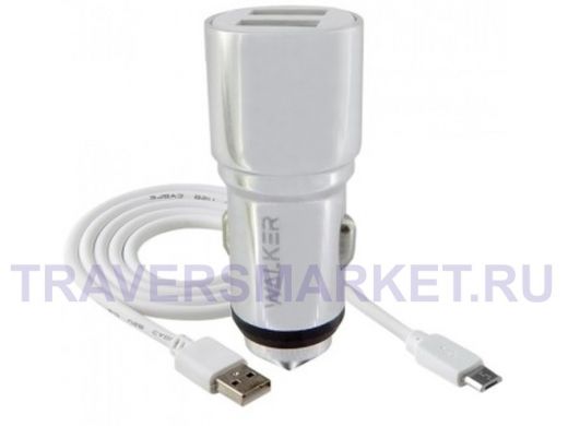 Зарядное устройство с USB  Walker, (2.1А), WCR-21, на 2USB, съёмный кабель, серебро