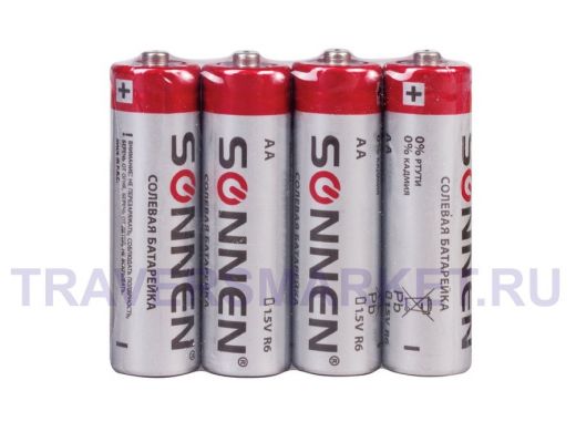 Батарейка R6  SONNEN, АА (R06, 15А), солевые, цена за 4 шт, в пленке, за 1шт