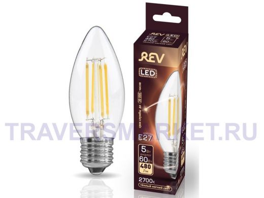 Светодиодная лампа  REV FILAMENT свеча C37 E27 5W, 2700K, DECO Premium теплый свет