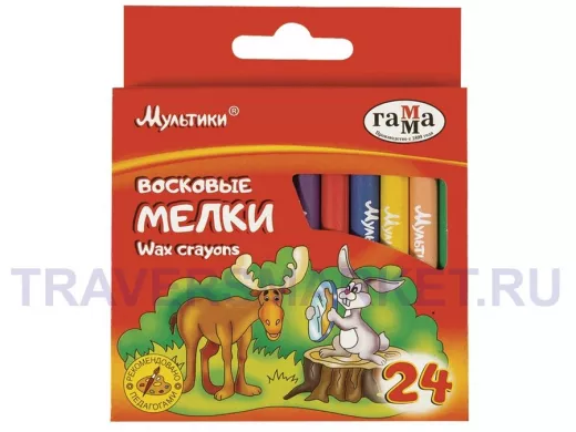 Восковые мелки "BR-106017" "Мультики", 24 цвета, 8х90 мм, круглые