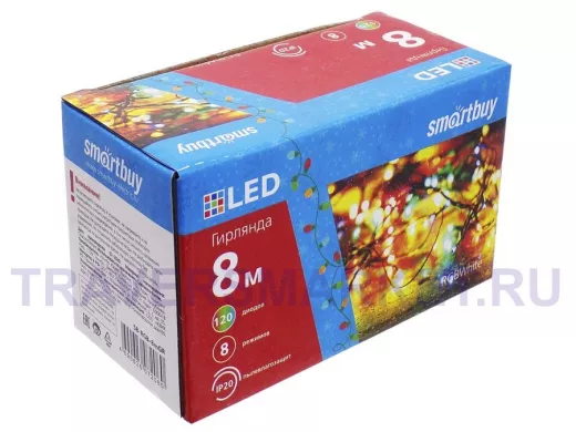LED Гирлянда Smartbuy с контроллером, RGB, 8м, 120 диодов, IP20, зеленый провод (SB-RGB-8mGR)