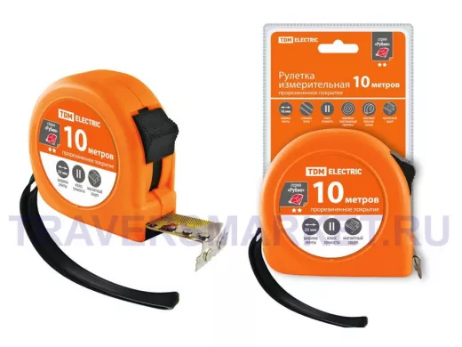 Рулетка TDM 10 м, стальная лента, ширина 25 мм, прорезиненное покрытие, магнит, 