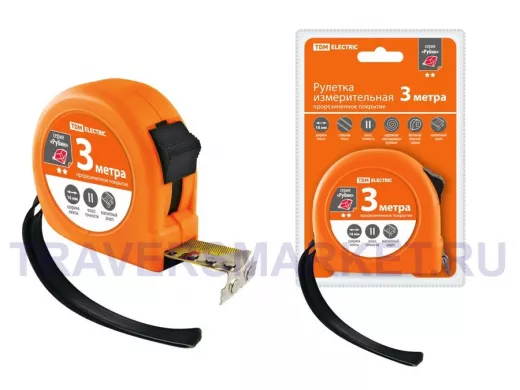 Рулетка TDM 3 м, стальная лента, ширина 16 мм, прорезиненное покрытие, магнит, 