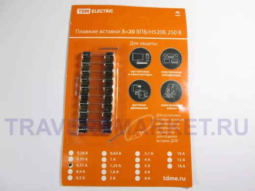 Плавкая вставка ВПТ6-3 0,315А 250В TDM упаковка (10шт.) SQ0738-0103