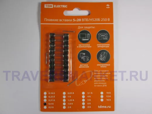 Плавкая вставка ВПТ6-4 0,4А 250В TDM упаковка (10шт.) SQ0738-0104