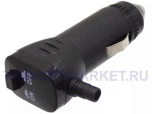 Штекер в прикуриватель (предохранитель + кнопка ВКЛ, выход провода под 90) TD-13