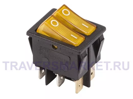 Выключатель клавишный 250V 15А (6с) ON-OFF желтый  с подсветкой  ДВОЙНОЙ  REXANT