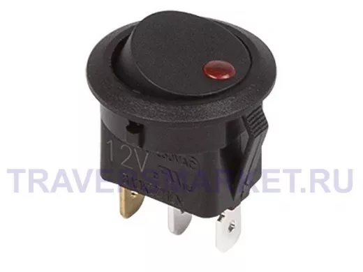 Выключатель клавишный круглый 12V 16А (3с) ON-OFF черный  с красной подсветкой  REXANT