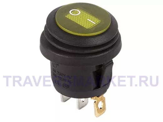 Выключатель клавишный круглый 250V 6А (3c) ON-OFF желтый  с подсветкой  ВЛАГОЗАЩИТА  REXANT