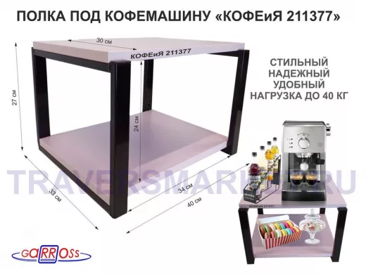 Полка под кофемашину к стене, высота 27см, черный каркас "КОФЕиЯ 211377" полки 30х40см, лаванда