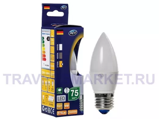Светодиодная лампа  REV Classic C37 Е27 9W, 2700K, теплый свет, свеча