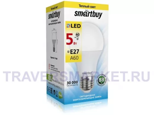 Светодиодная лампа A60 Е27  5W 3000K  Smartbuy-A60-05W/3000/E27