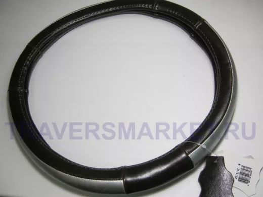 Оплетка на руль 38 см. M 4716 IV C кожа коричневая+серебро кожа вставка сверху "гладкая"