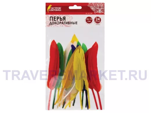 Перья декоративные ПРЯМЫЕ (10-15см), 24шт., 6 цветов, ЯРКИЕ, ассорти 
