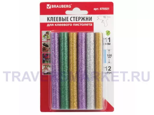 Клеевые стержни, диаметр 11,0мм, длина 100мм, цветные (ассорти),С БЛЕСТКАМИ,КОМПЛЕКТ 12 шт 
