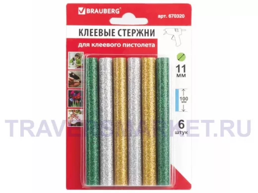 Клеевые стержни, диаметр 11,0мм, длина 100мм, цветные (ассорти),С БЛЕСТКАМИ,КОМПЛЕКТ 6 шт.