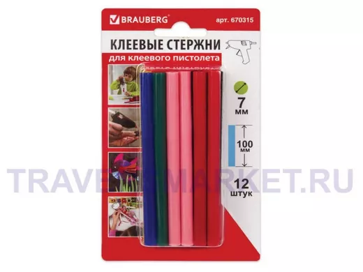 Клеевые стержни, диаметр  7,0мм, длина 100мм, цветные (ассорти), КОМПЛЕКТ 12 штук 