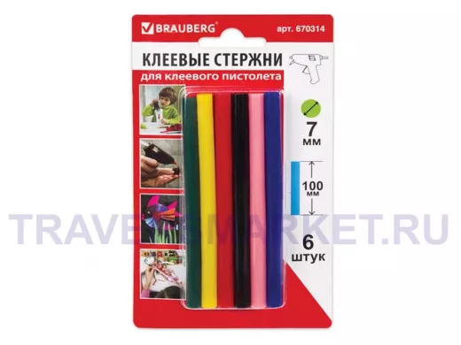 Клеевые стержни, диаметр  7,0мм, длина 100мм, цветные (ассорти), КОМПЛЕКТ 6 штук 