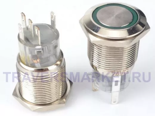 Кнопка без фиксации, металл 19мм., подсветка 12В.