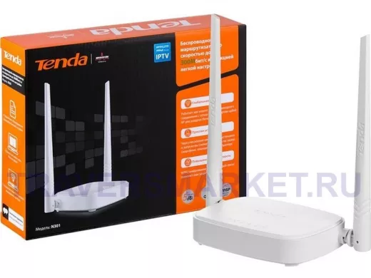 .TENDA N301 WiFi маршрутизатор, 2.4GHz,WLAN300Mbps,802.11bgn+3xLAN RG45 10/100+1xWAN,2x5dBi Antenna