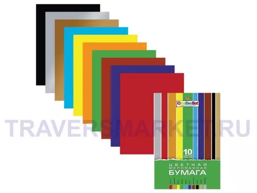 Цветная бумага А4 мелованная, 10 листов 10 цветов, в папке 